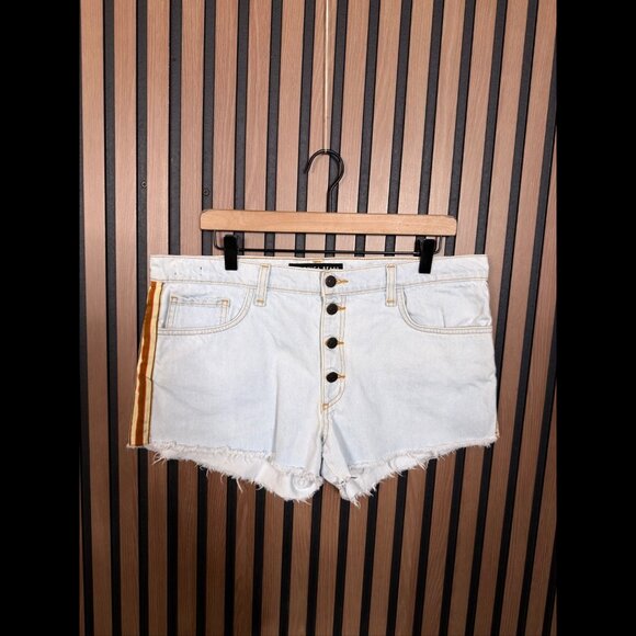 Veronica Beard Jean Shorts 12 Blue Exposed Button Light Denim Side Stripe Frayed - Picture 1 of 7